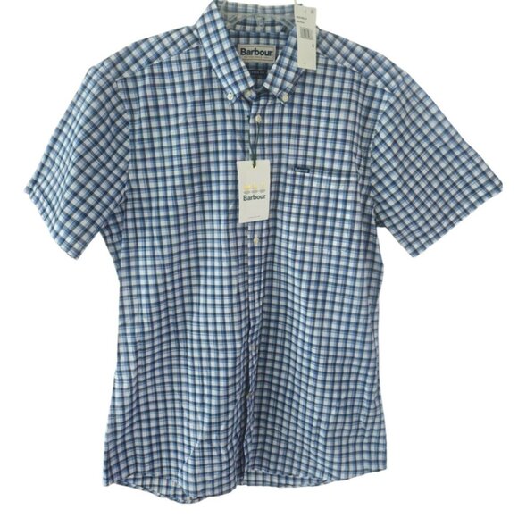 Barbour Mens Teesmouth Medium Tailored Fit Short Sleeve Blue Plaid Shirt NEW - Picture 1 of 5